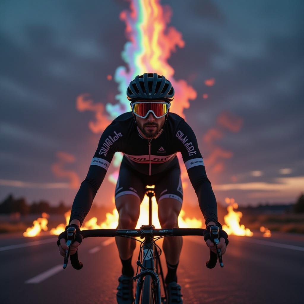 Fiery Cyclist Merges Realism and Fantasy