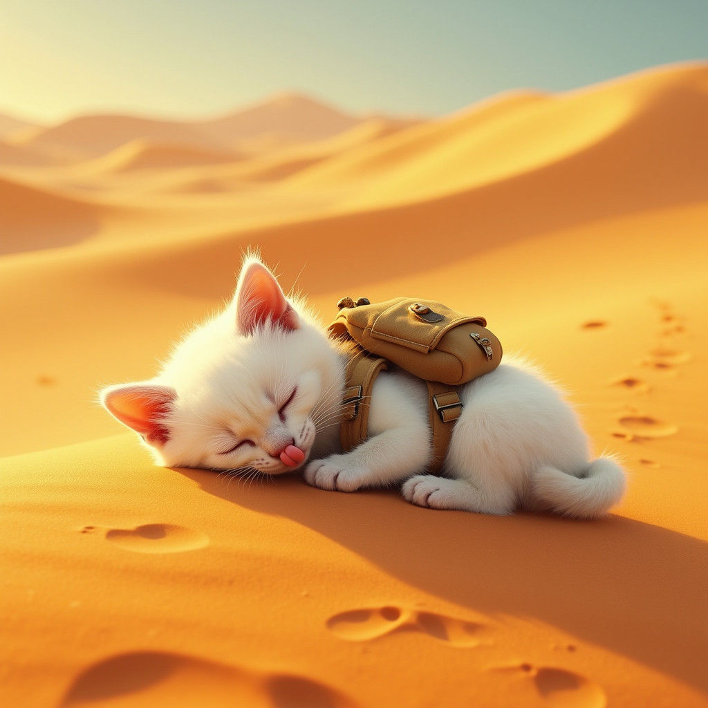 Exhausted Kitten in Desert, Whimsical Illustration