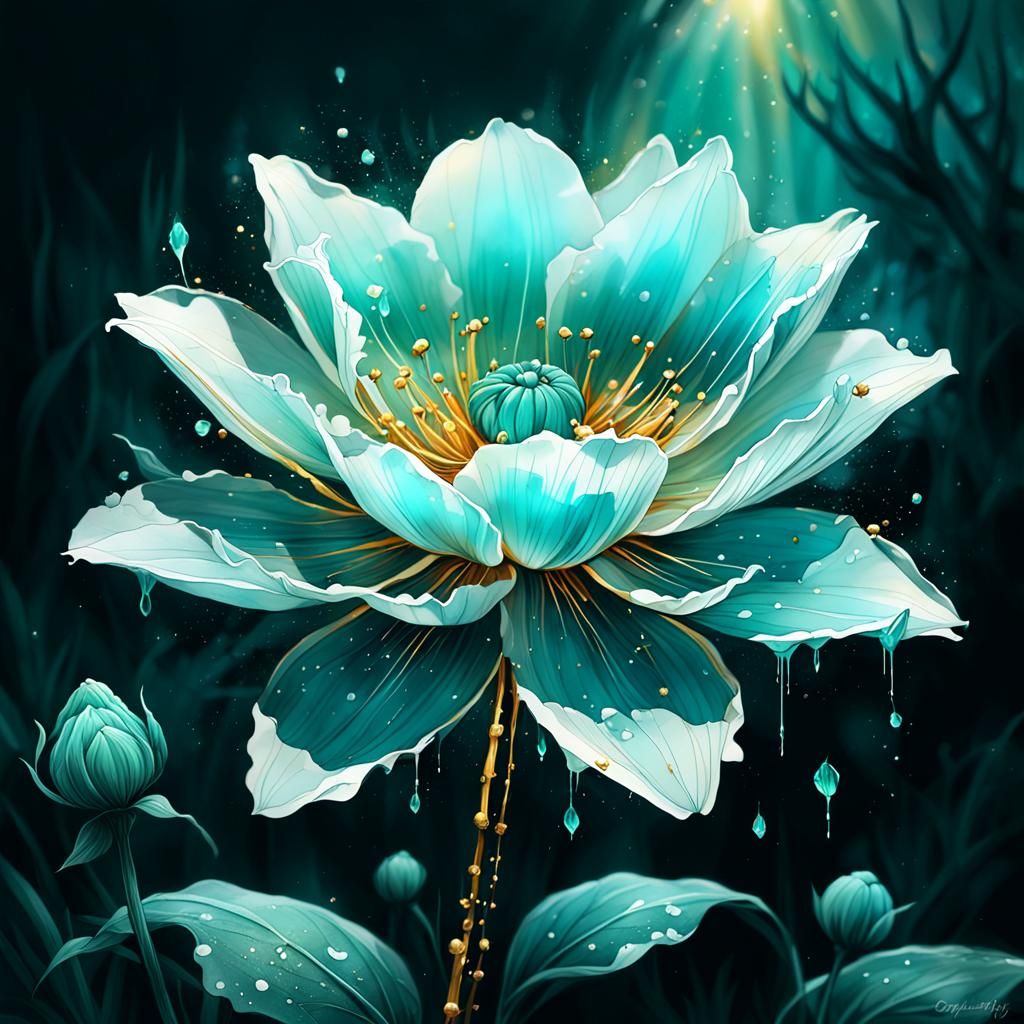 Ink Flower Drawing in Light Aquamarine and Gold