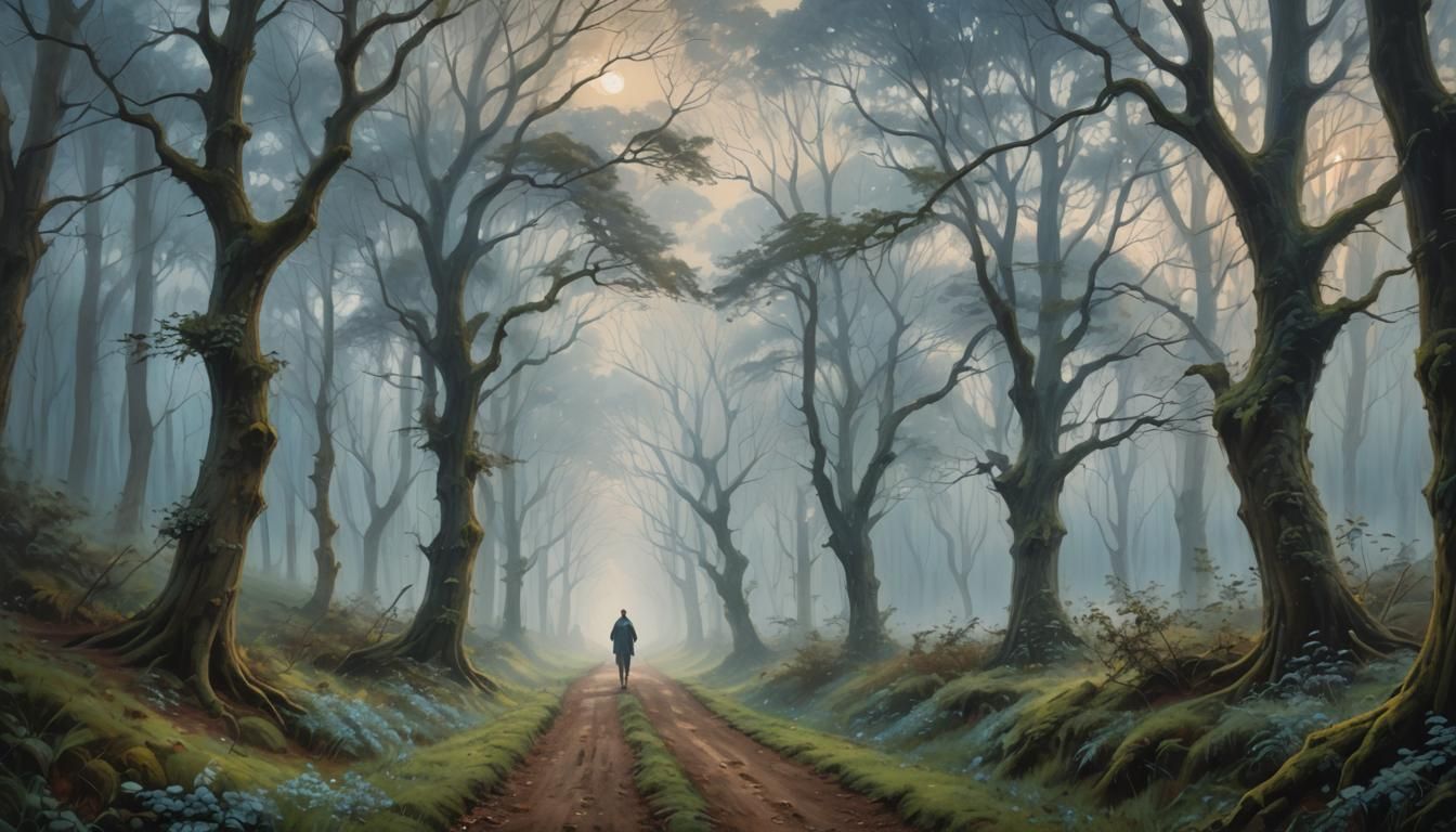 Misty Forest Path: Ethereal Oil Painting with Glowing Symbol...