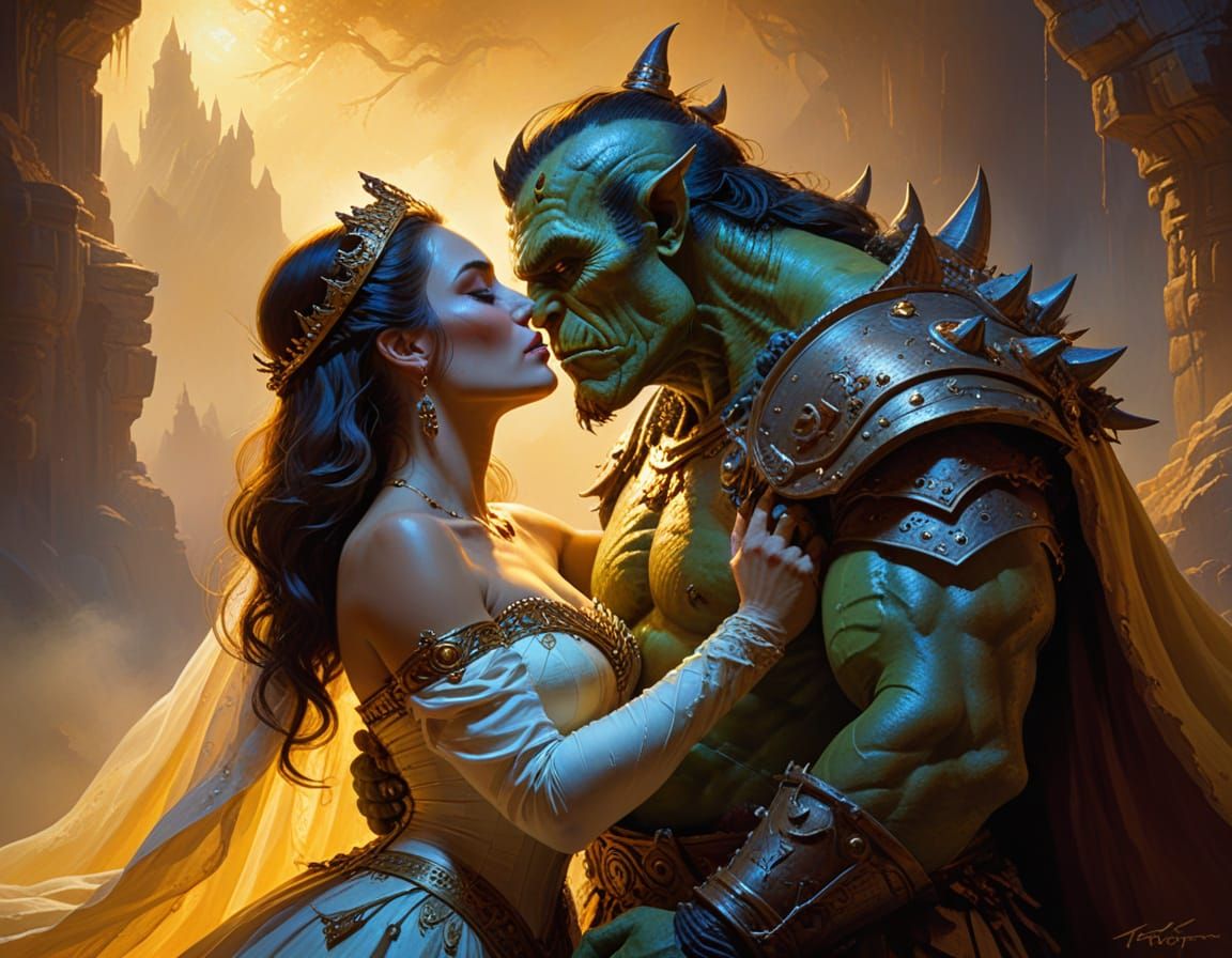 Fantasy Princess Kissing Orc Warrior in Frazetta Style