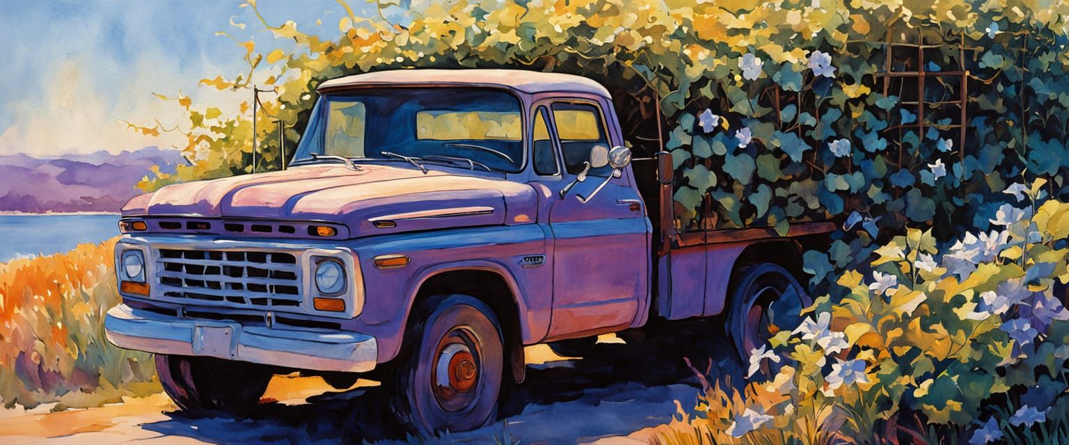Old Truck Covered in Moonflowers Under Morning Sun