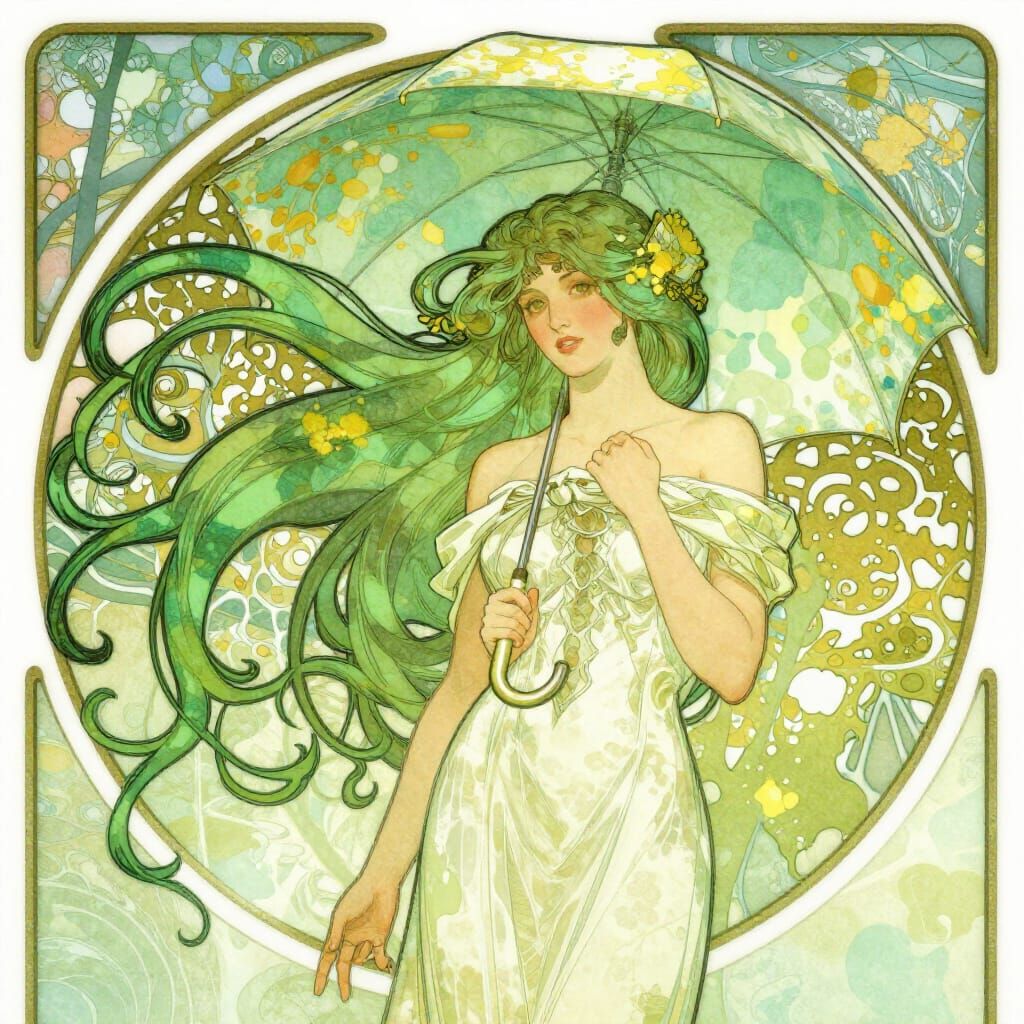 Art Nouveau Woman with Green Hair and Umbrella