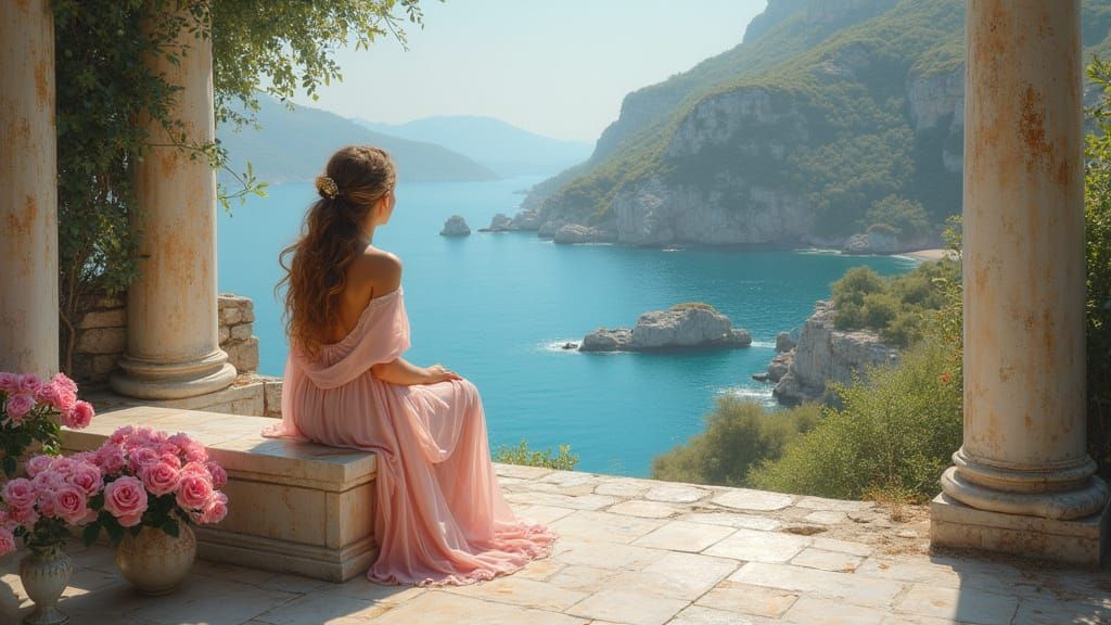 Ancient Greek Girl Gazing at Sea, Oil Painting