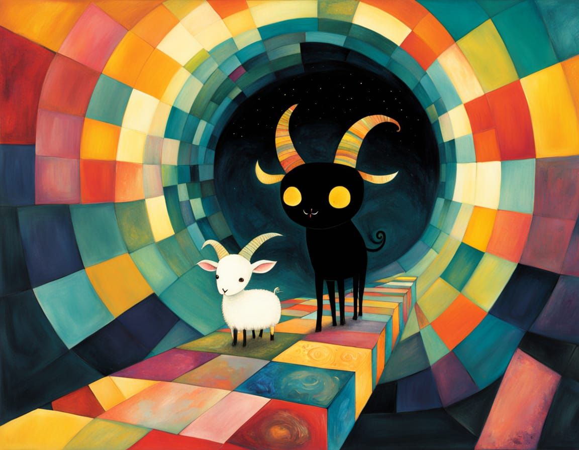 Horned Spirit Guardian and Goat Emerge from Void Portal