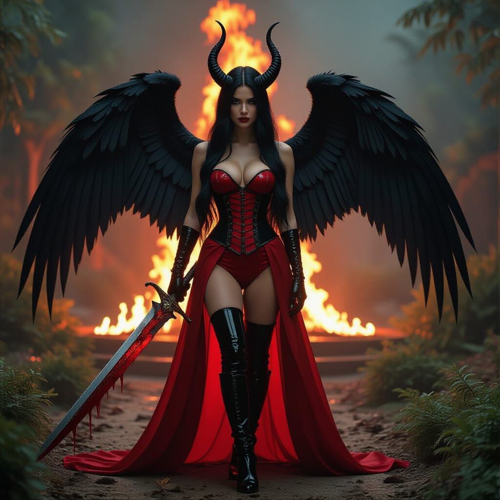 Goddess with Sword in Burning Garden: Cinematic Dark Art