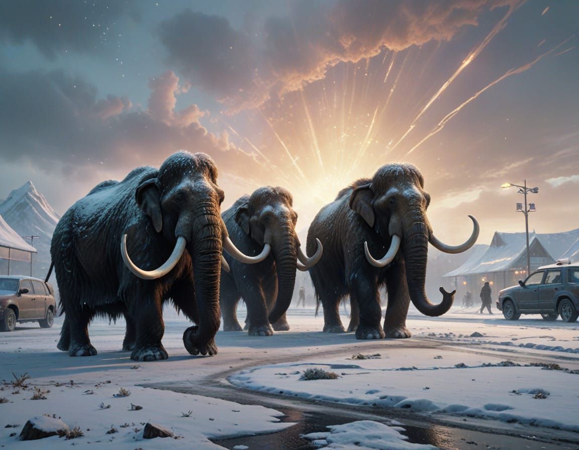 Woolly Mammoths in a Blizzard: A Surreal Shopping Mall Scene
