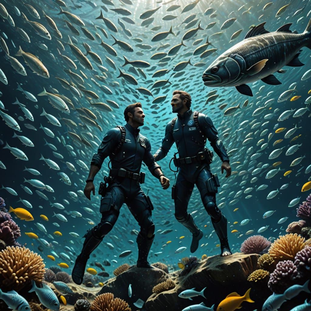 Divers Surrounded by a Swirling School of Fish in Hyper-Real...