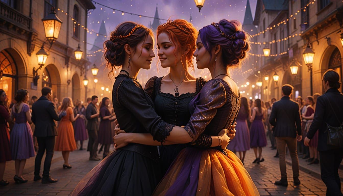 Lesbian Couple Dancing in Gothic Fantasy Town Square