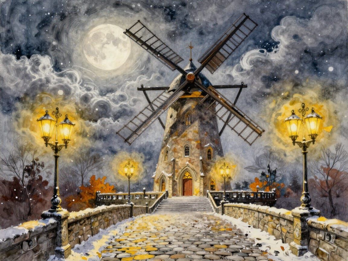 Medieval Fantasy Windmill in Winter Watercolor-Gouache Paint...