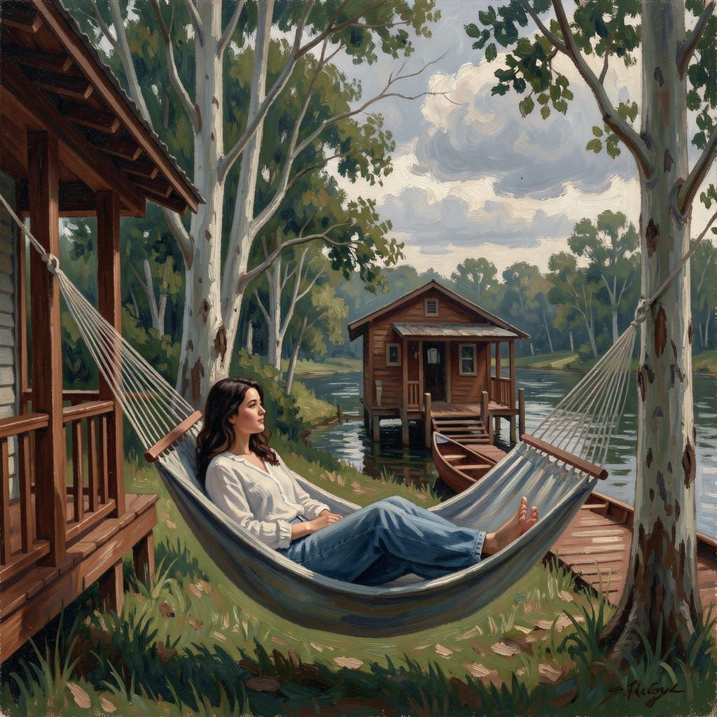 Impressionist Painting of Woman Relaxing in Hammock by Lake