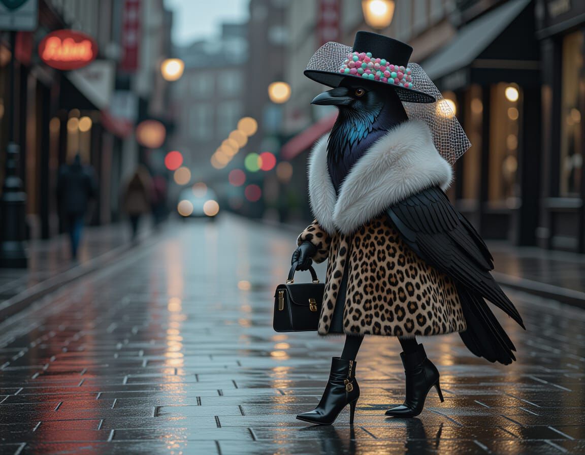 Elegant Crow in Leopard Coat on Wet Autumn Street