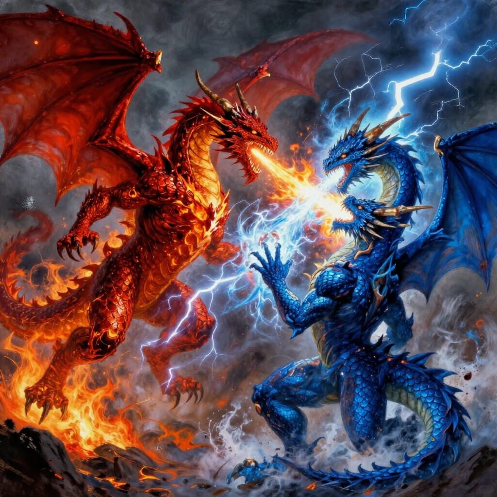 Red Dragon vs Blue Dragon Aerial Duel in Stormy Sky