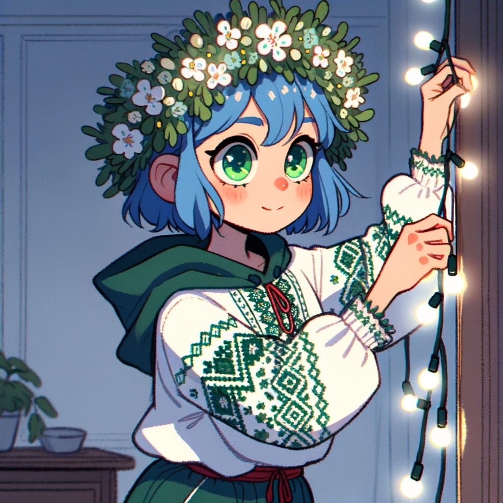 Blue-Haired Girl in Ukrainian Blouse Decorating Palace