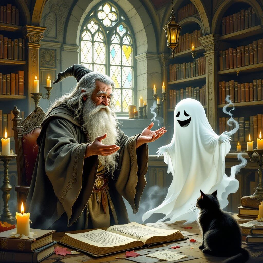Wizard Teaches Ghost a Spell in Enchanted Library