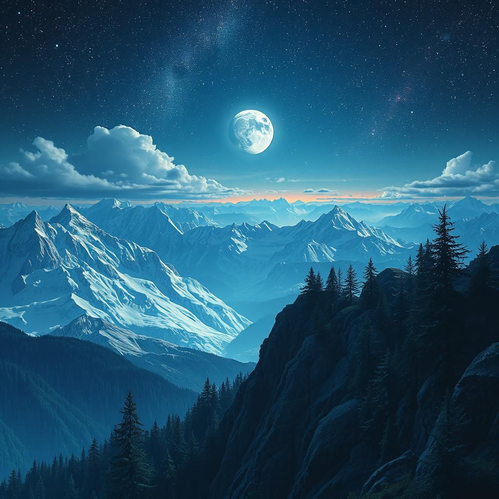 Cosmic Moon on Mountain Top, Holographic Illustration