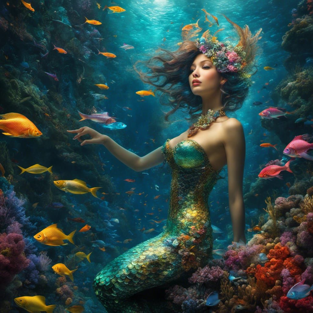 Glittery Mermaid with Colorful Fish in Fantasy Ocean