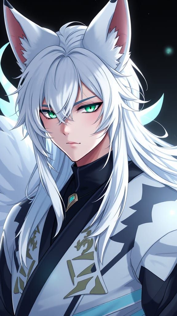 Muscular Anime Hero with Fox Ears and Emerald Eyes, Wearing...