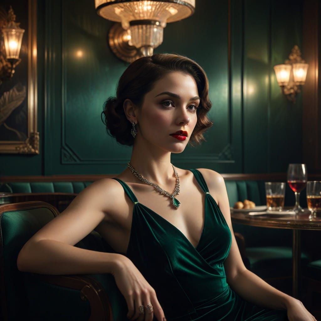 Art Deco Woman in Velvet Chair with Spotlight