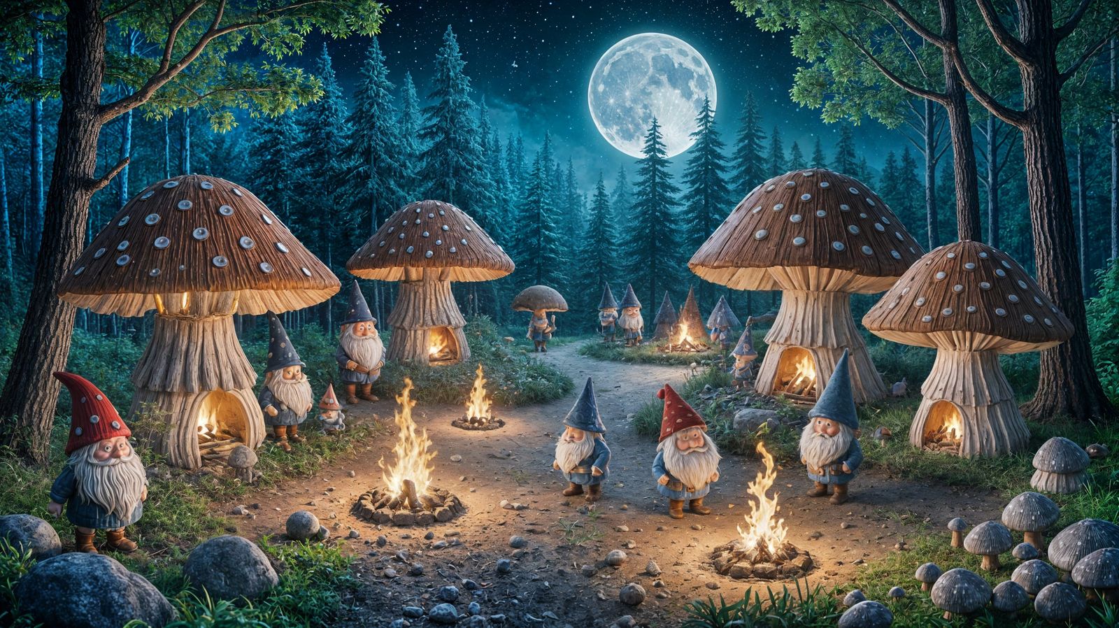 Whimsical Mushroom Village Under Moonlit Forest