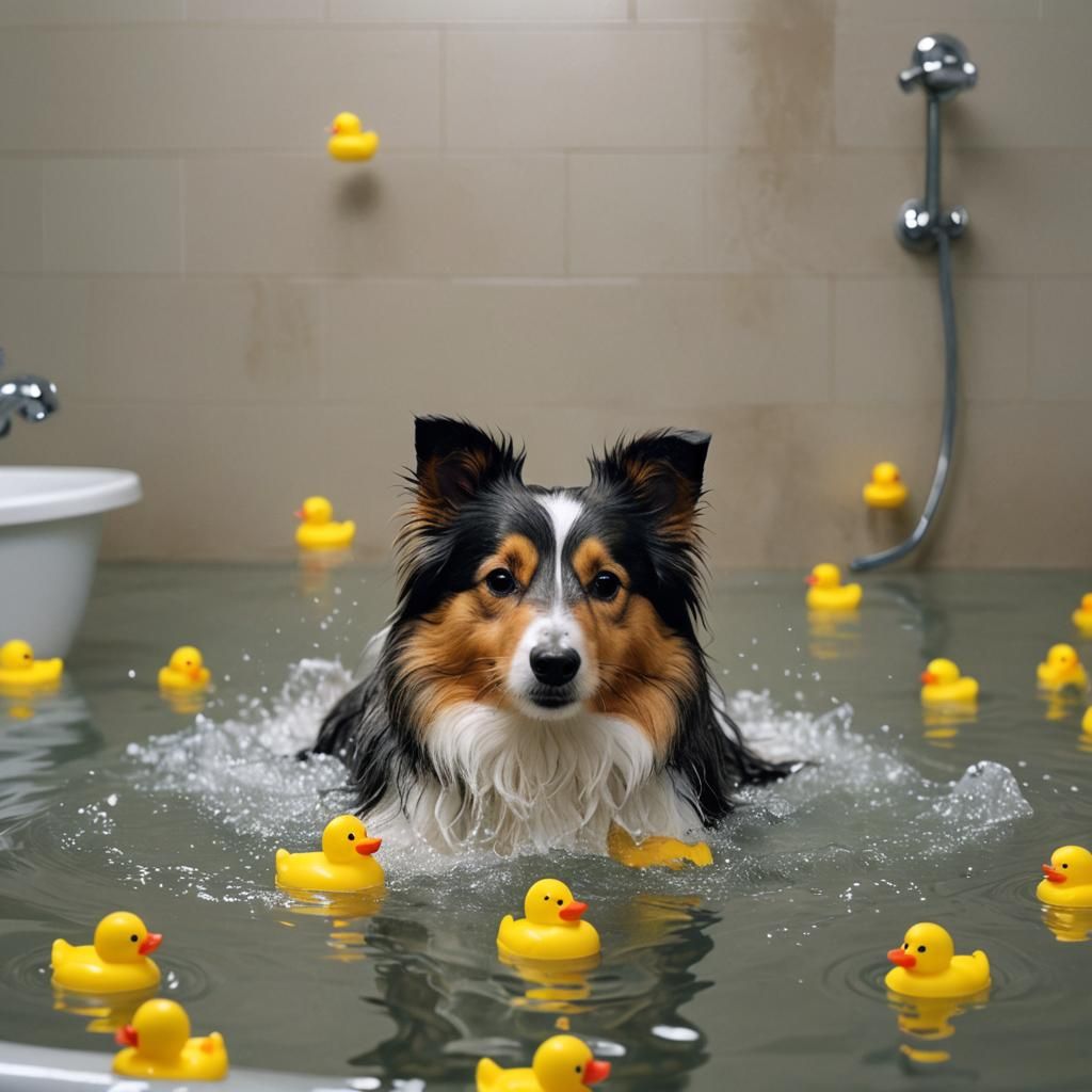 Sheltie's Bath Time: A Cinematic Film Still