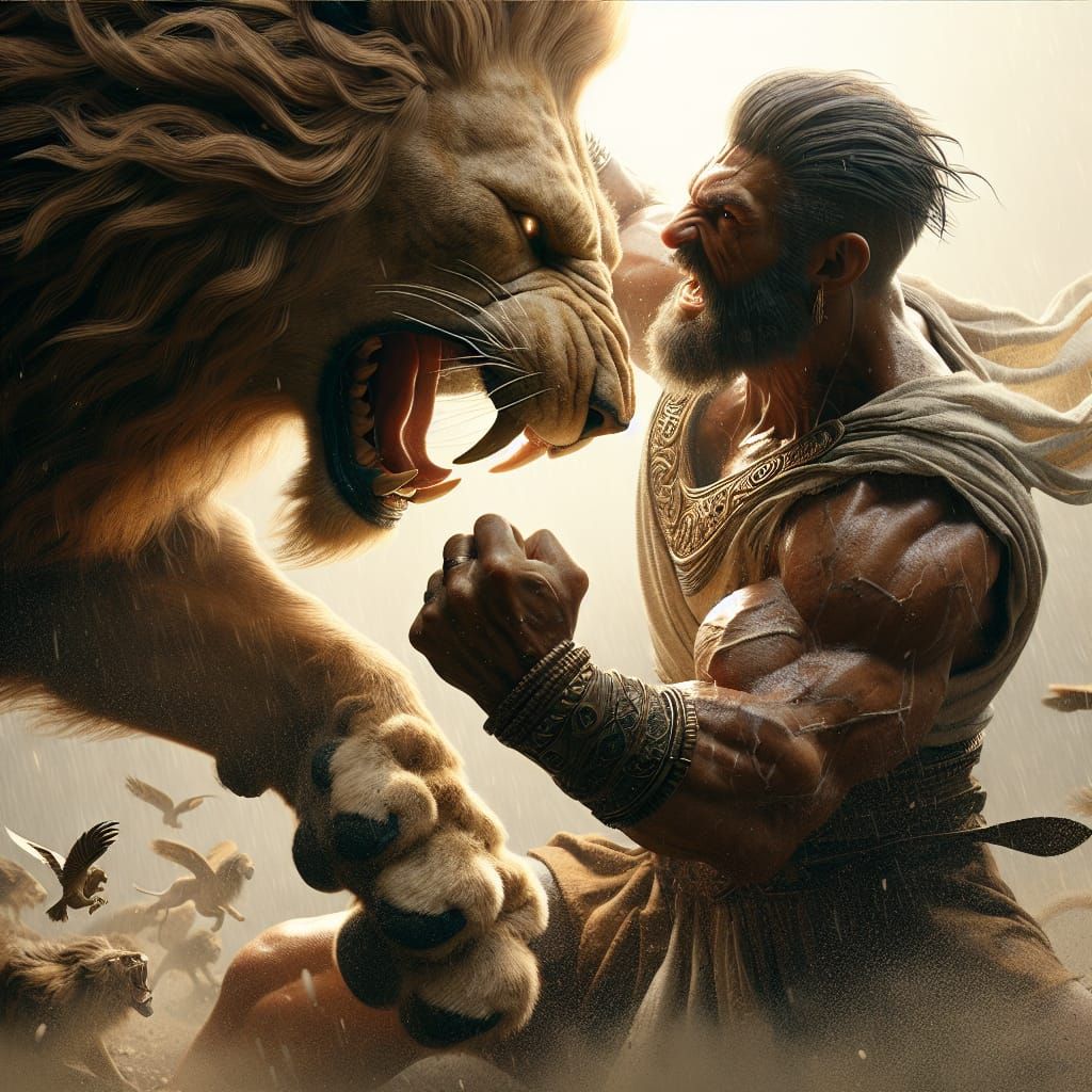 Hercules Battles the Nemean Lion in Barren Landscape