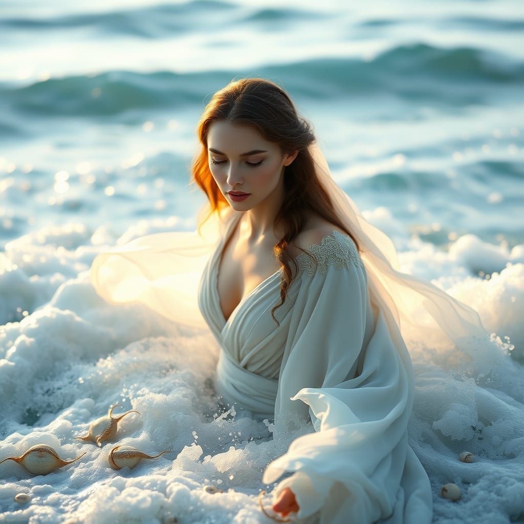Serene Goddess Emerges from Ocean Foam in Ethereal White Gow...