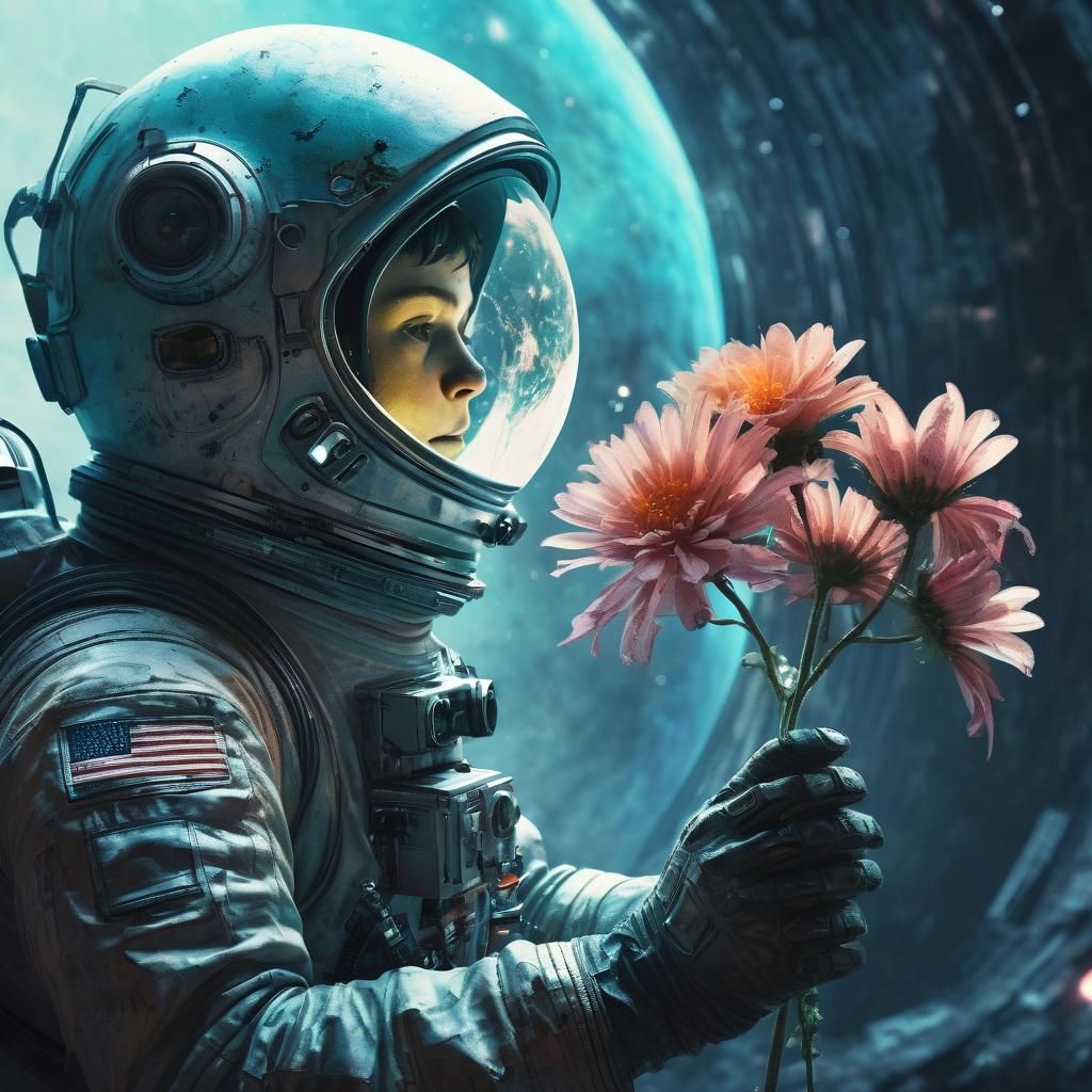 Cosmonaut and Alien Boy with Flower, Watercolor Art