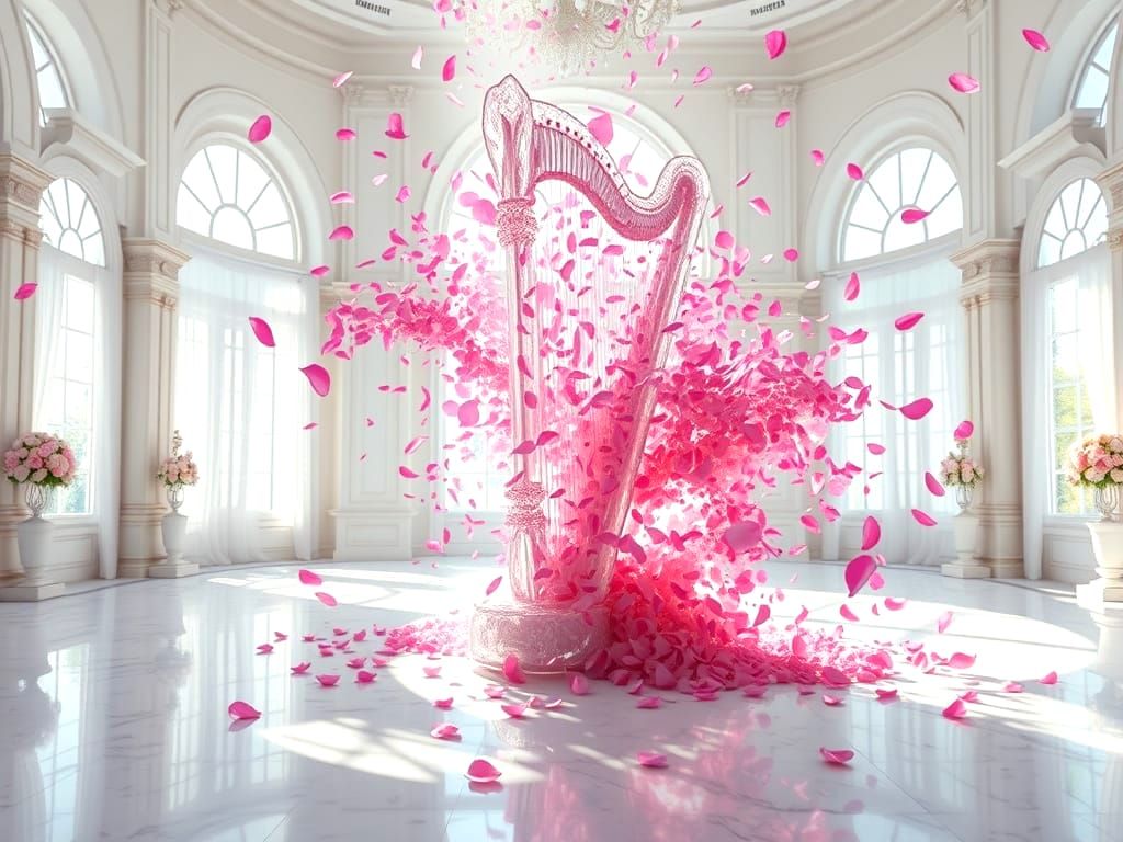 Ethereal Ballroom: Crystal Harp's Petal Cascade