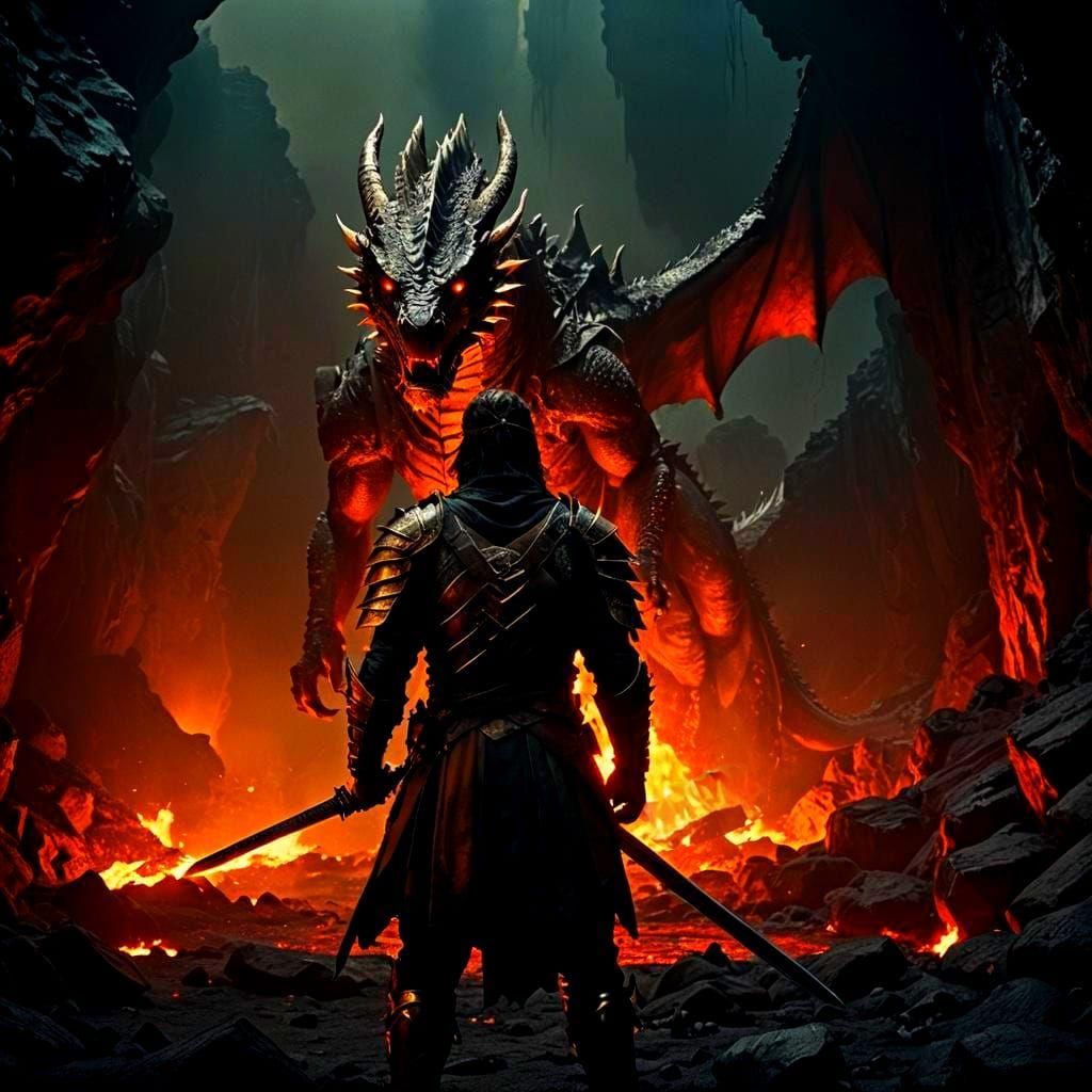 Epic Dragon Warrior in Lava Cave