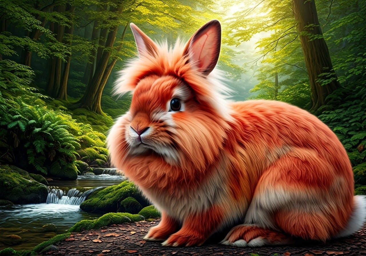 Whimsical Red Ombre Rabbit in Enchanted Forest Double Exposu...