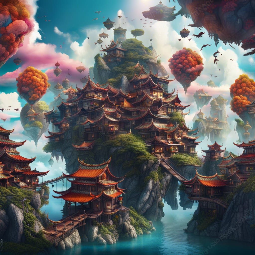 Fantasy Village on Floating Island in Asian Style
