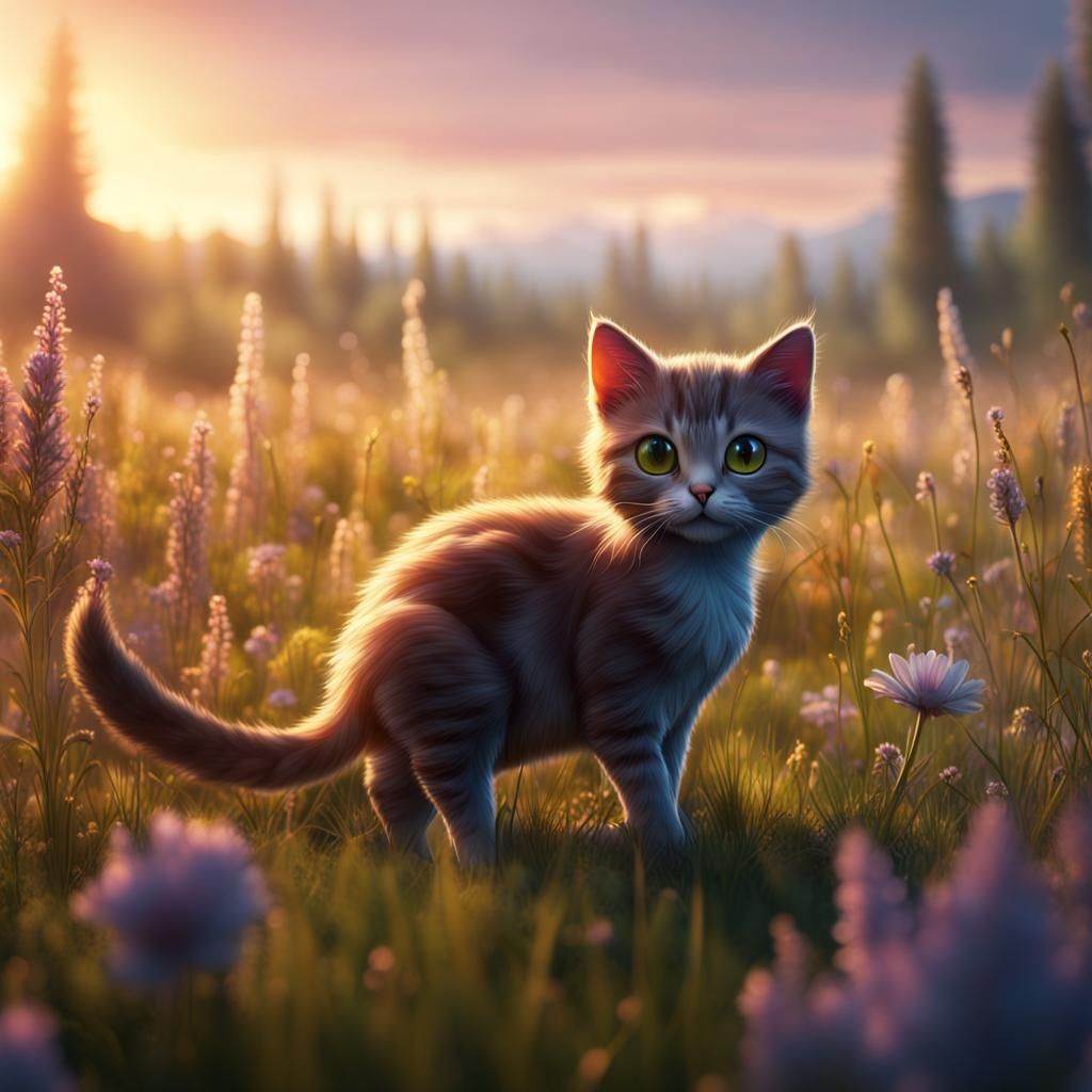 Cute Cat in Meadow: Detailed Fantasy Art