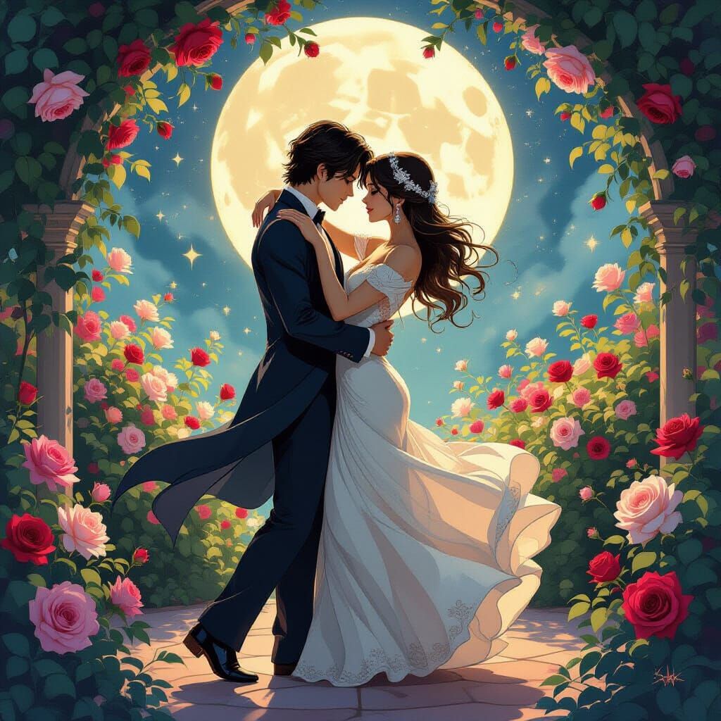 Romantic Couple Dancing Among Roses in Moonlit Garden