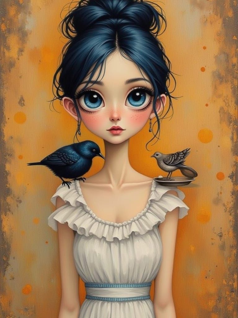 Big-Eyed Woman with Bird in Pop Surrealism Style