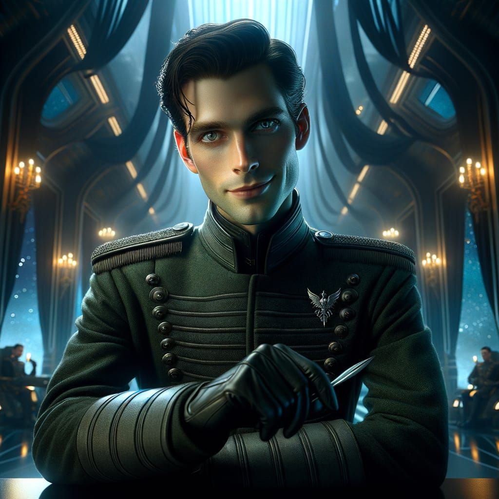 Sci-Fi Aristocrat with Cunning Smile in Military Uniform