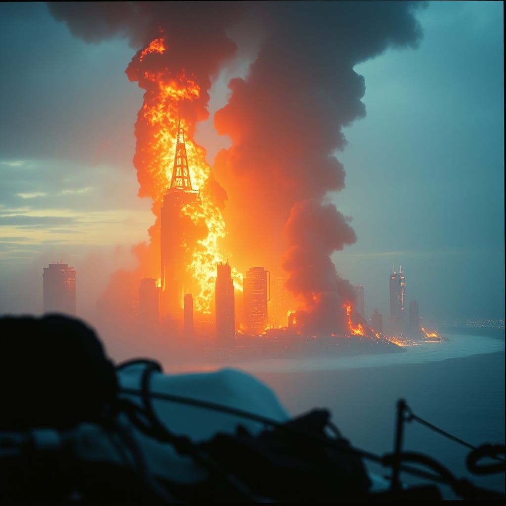 Surreal Cityscape Ablaze Amidst Turbulent Waters
