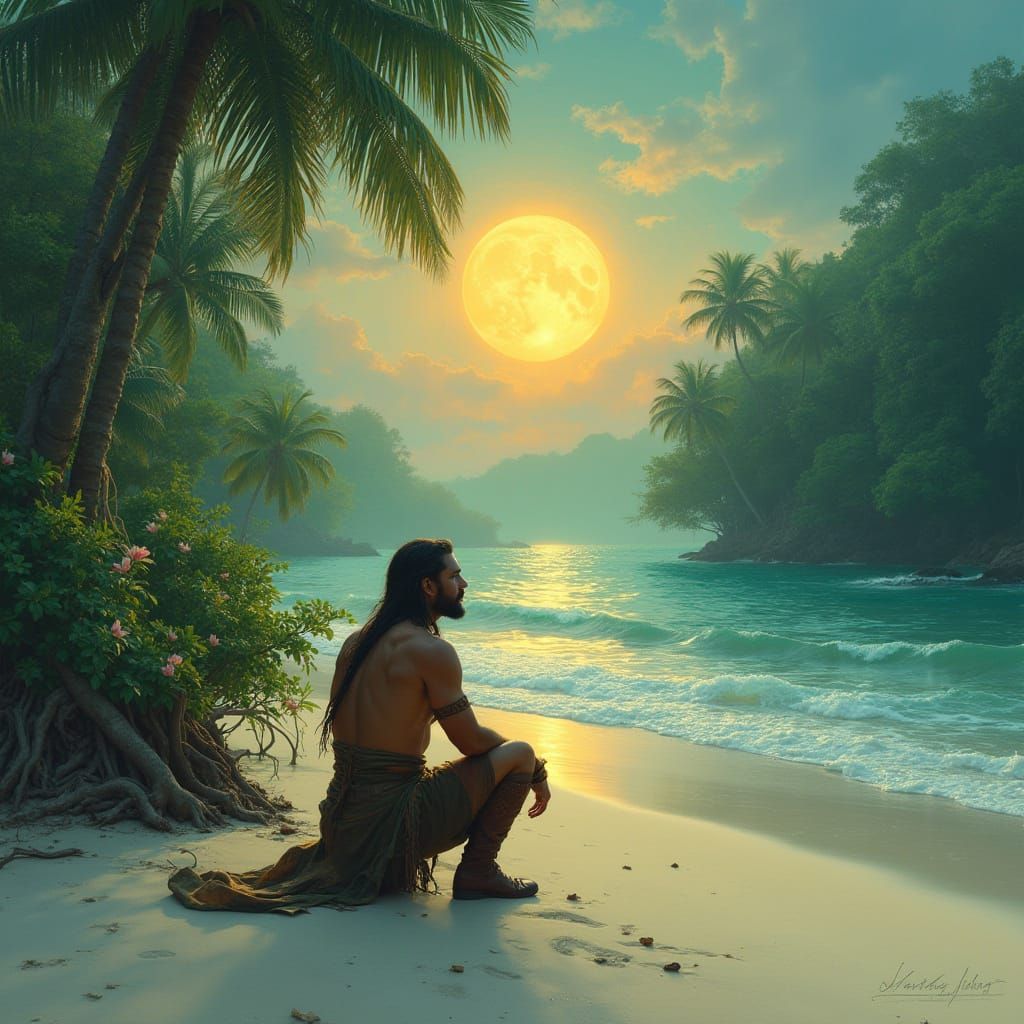 Viking Poet and Kadazan Maiden Under Tropical Moon