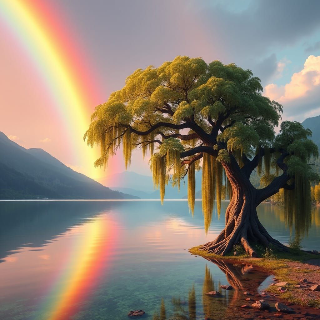 Majestic Rainbow Bridge Over Serene Lake in Vibrant Colors