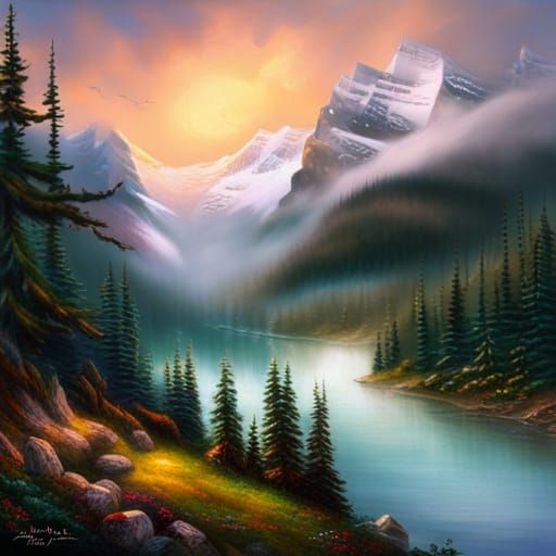 Ethereal Lake Louise Landscape in Thomas Kinkade Style