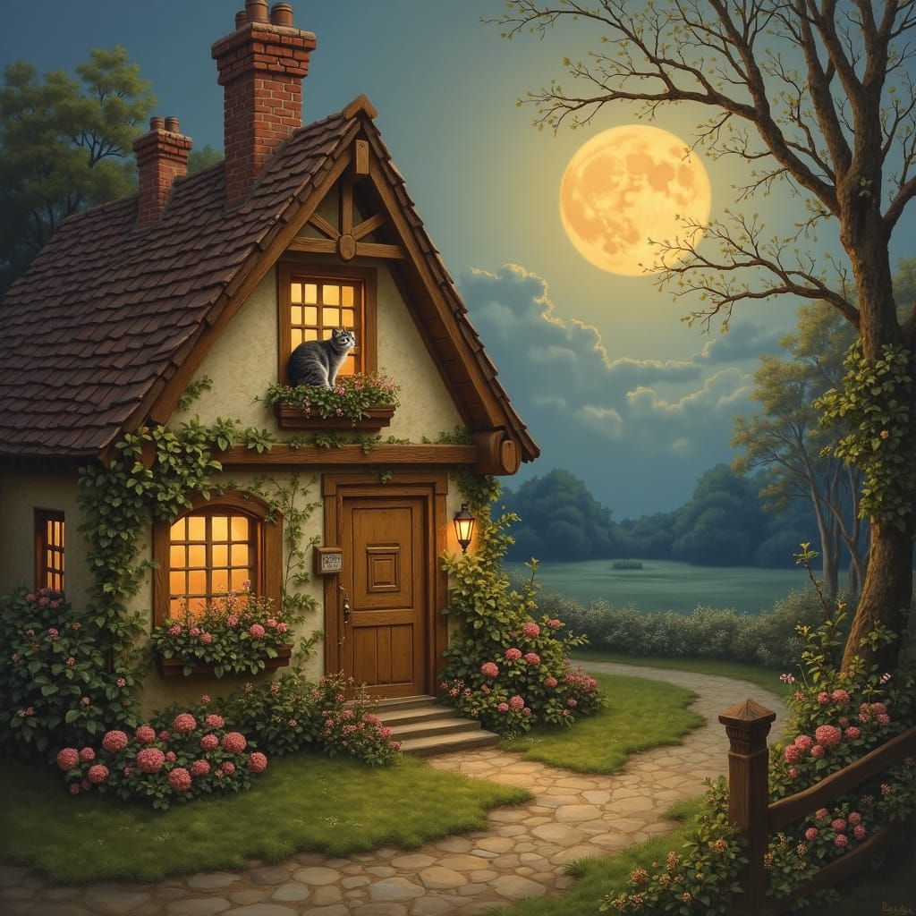 Cozy Cottage with Cat in Painterly Style