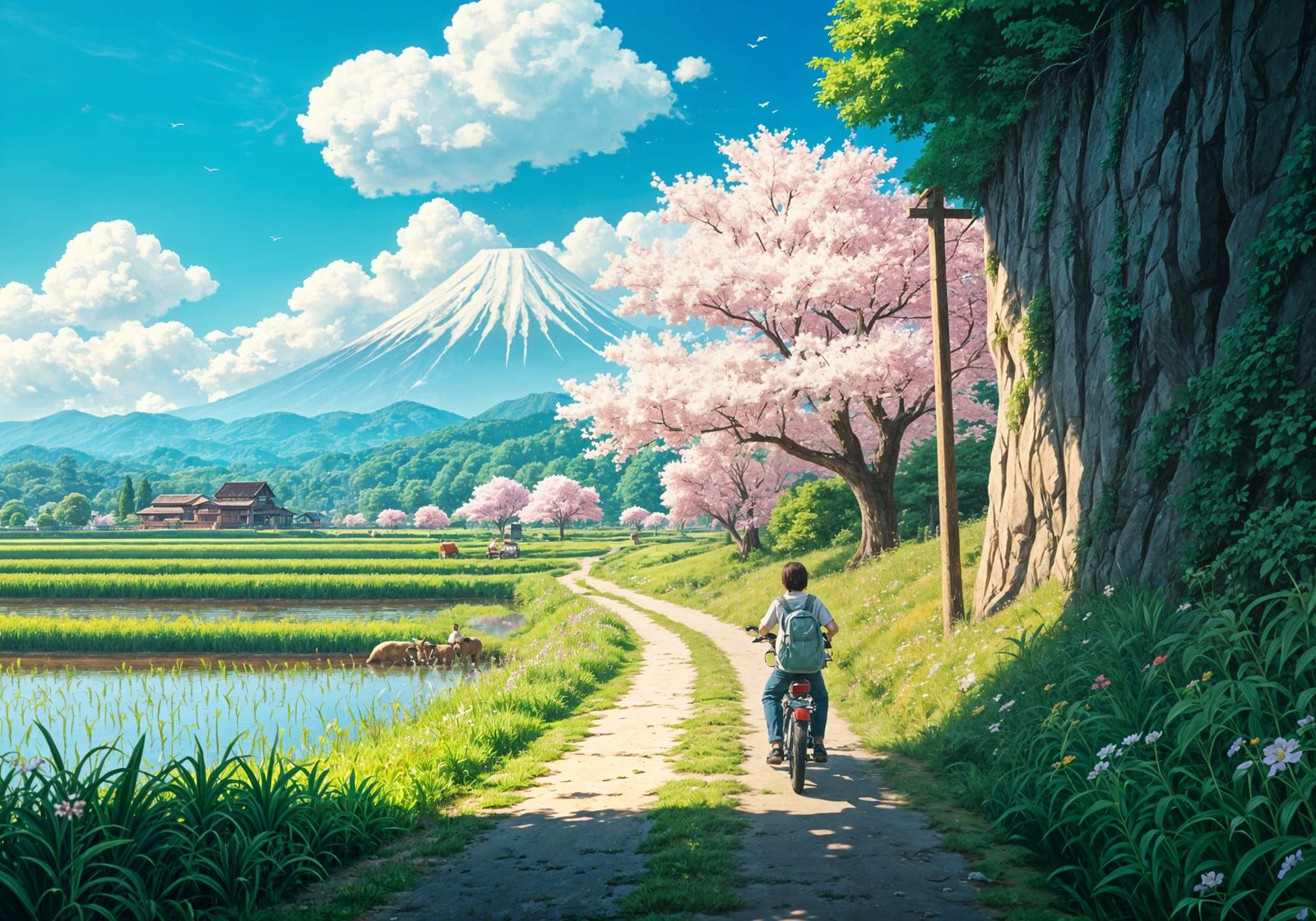 Bike Ride to Mount Fuji in Ghibli Style