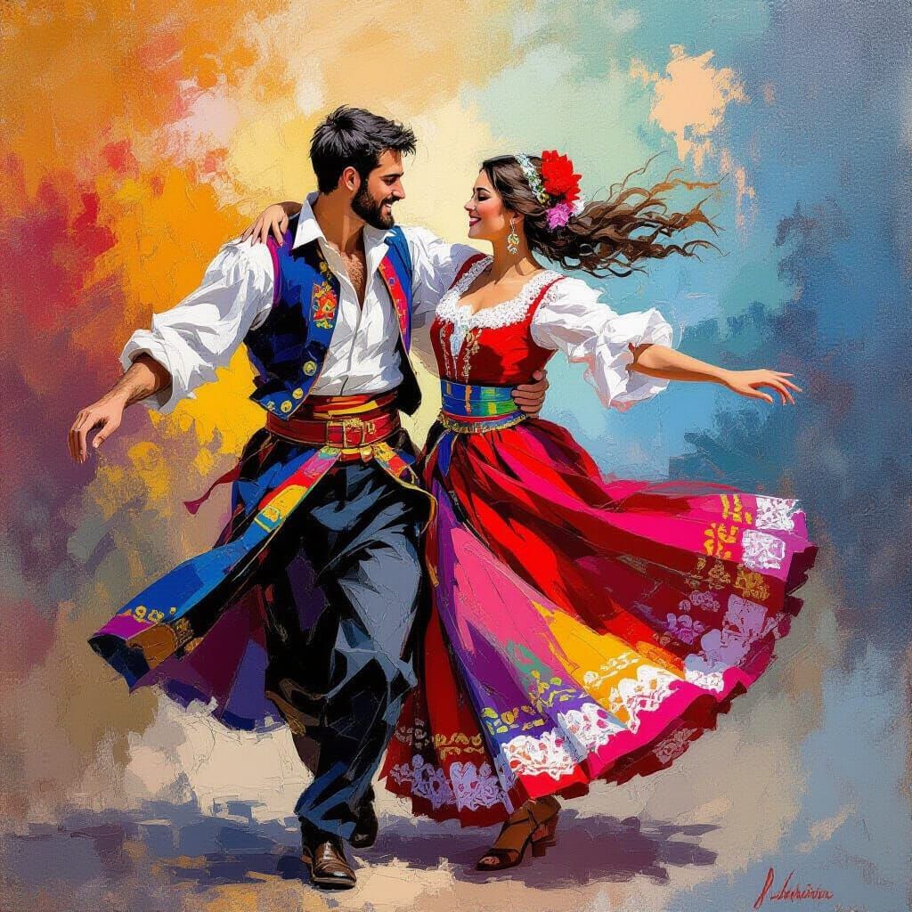 Albanian Couple Dancing in Traditional Attire, Abstract Art