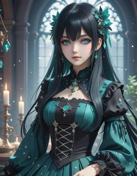 Anime Goth Girl with Emeralds, 3D Art