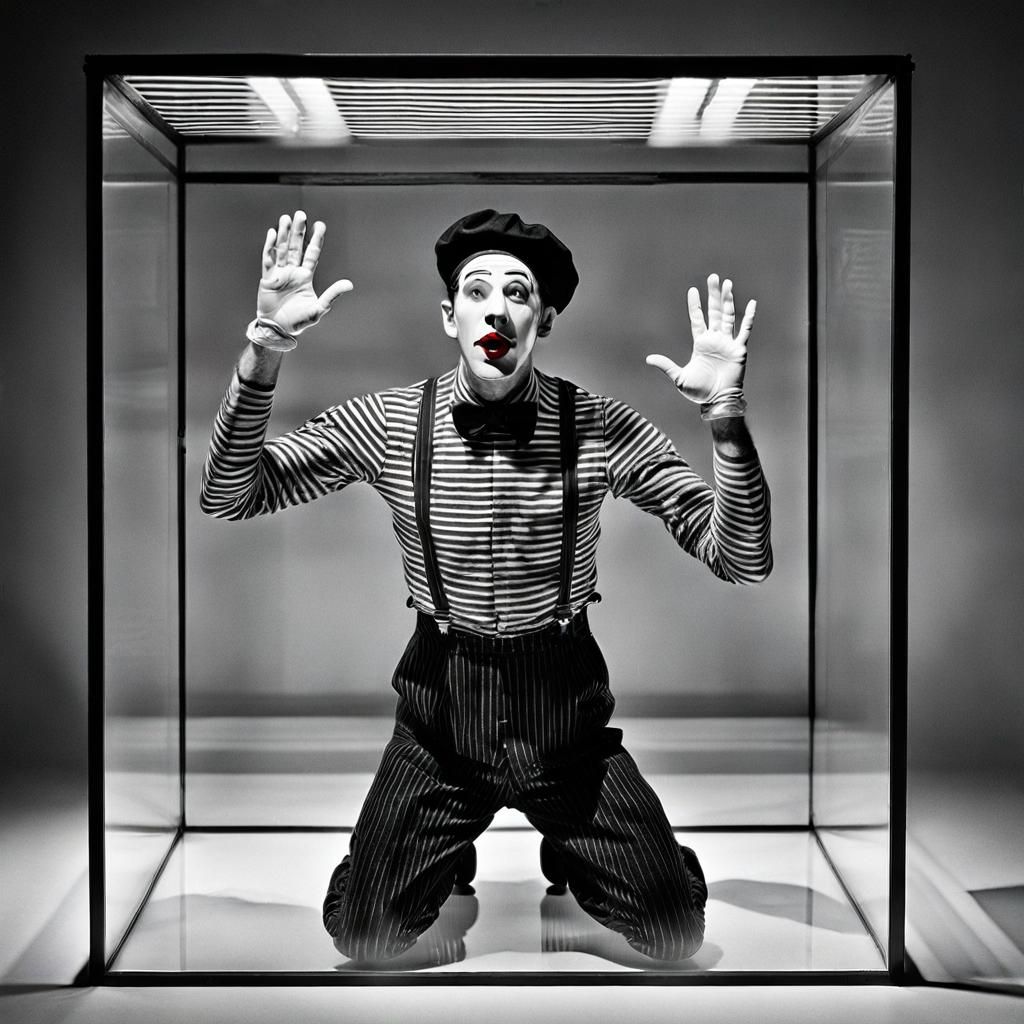 Mime Trapped in Glass Box, Surreal Photography