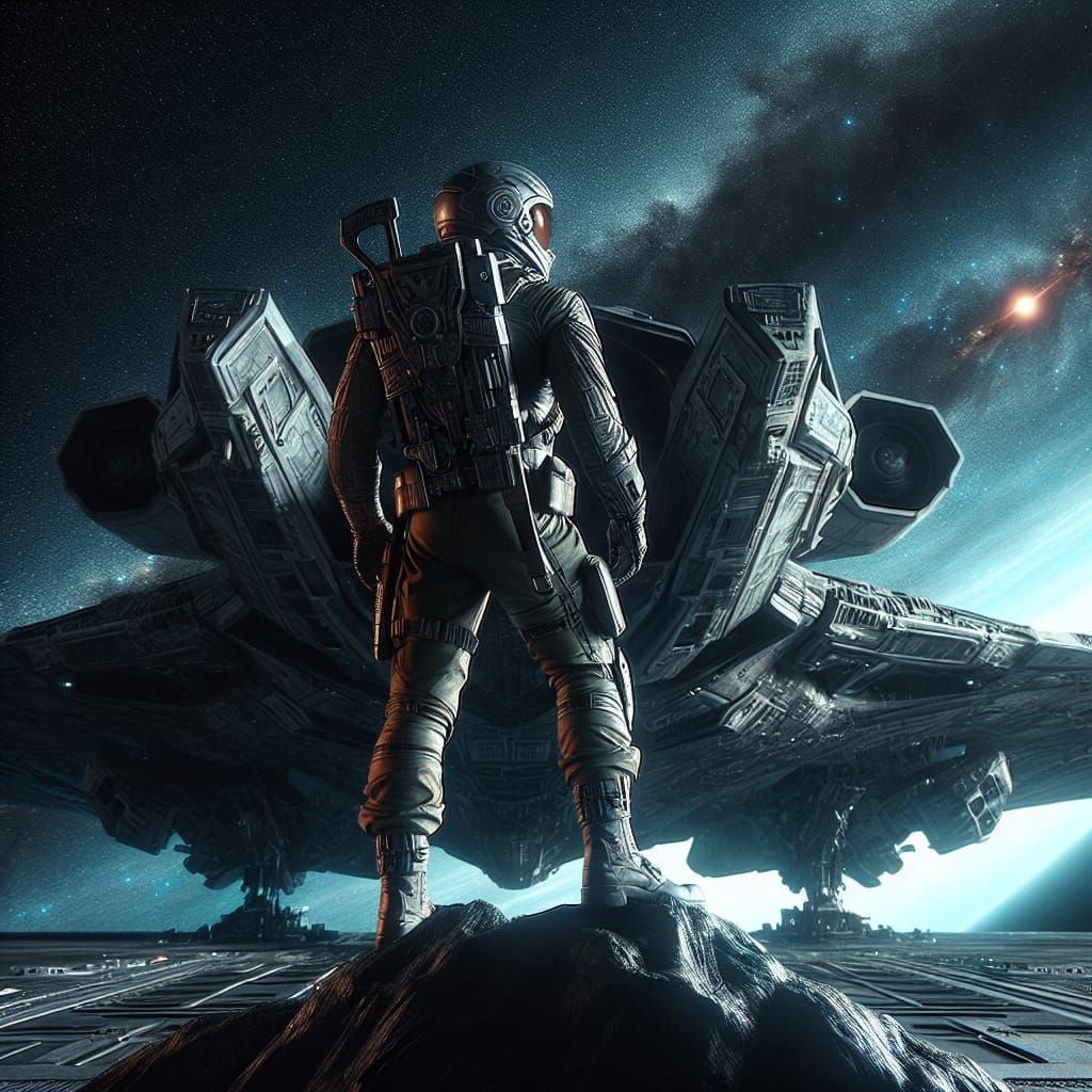 Hispanic Pilot Poses on Alien Ship in Space