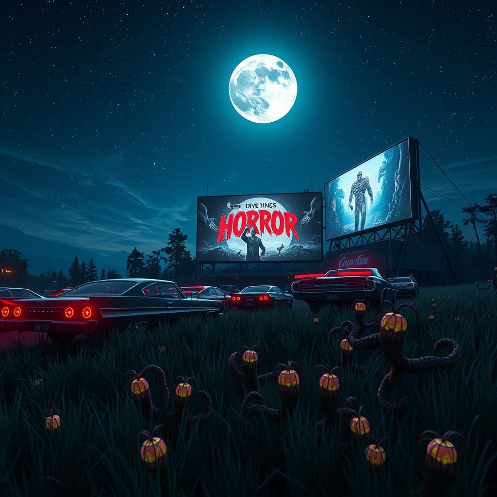Retro-Futuristic Horror Drive-In Under Starry Night
