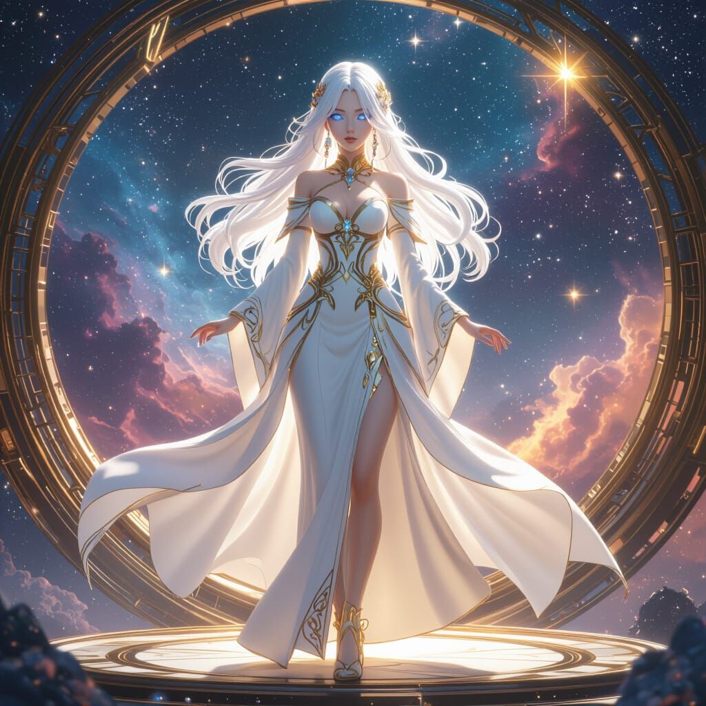 Ethereal Woman in Ornate Dress on Celestial Platform
