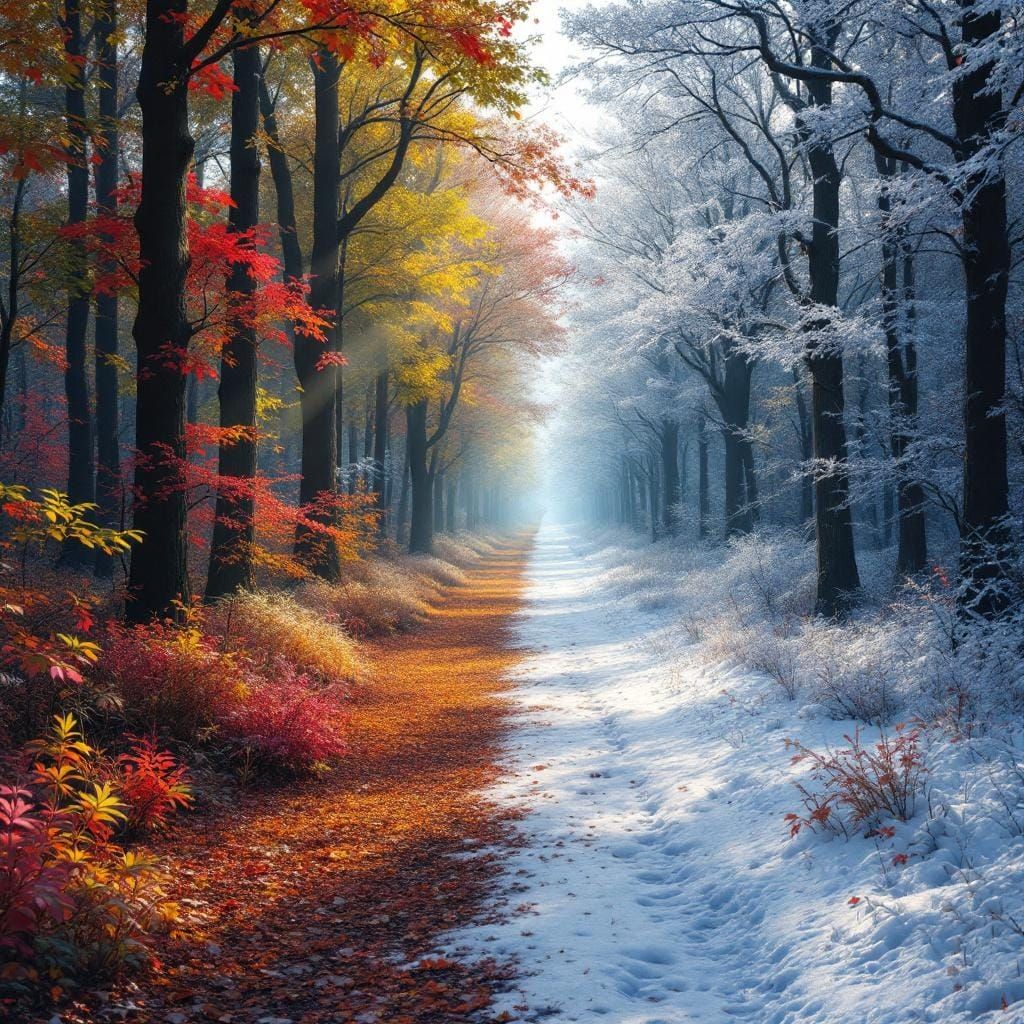 Contrasting Seasons on Forest Path in Hyperrealism