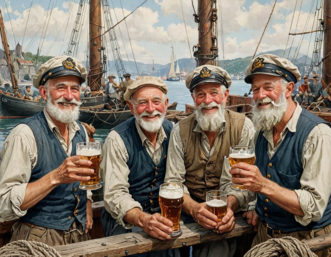 Smiling Sailors Enjoying Beer in 1920s Harbour